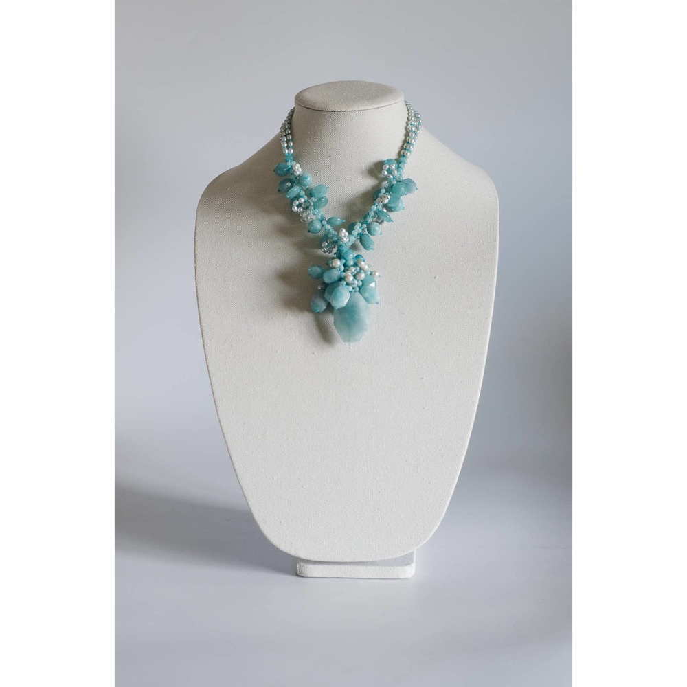 Preowned Chunky Blue Quartz & Genuine Pearl Statement Necklace w Sterling Clasp